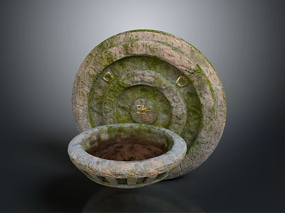 Round Moss Covered Stone Pot With Lid And Small Bowl For Garden Decor 3d model