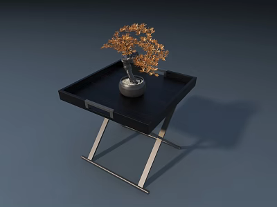 Modern Black Coffee Table With Metal Frame Tray Top And Silver Vase Golden Plant 3d model