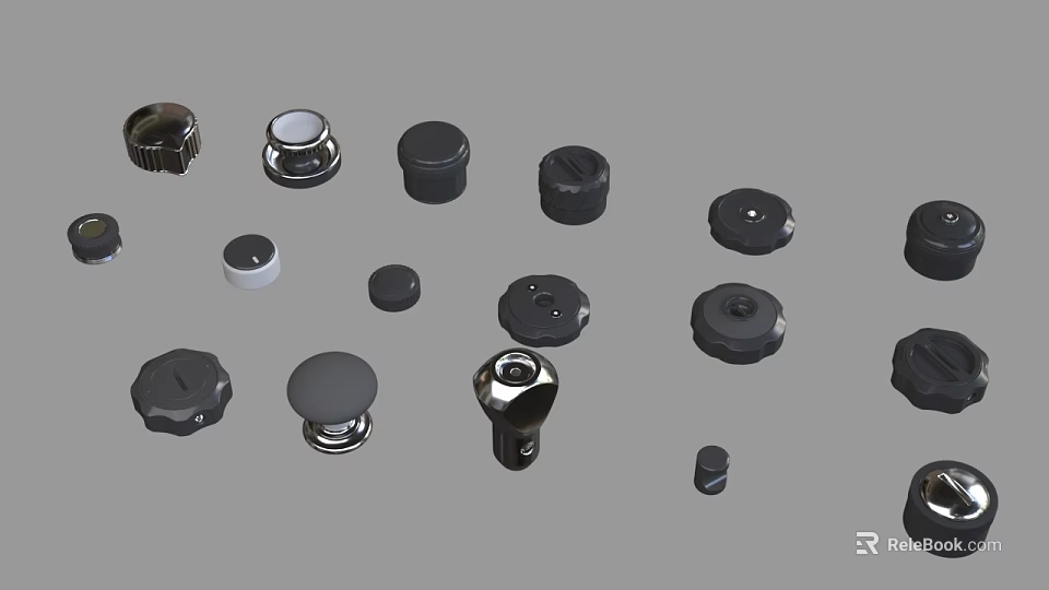 Multiple Black And Silver Switch Panel Knobs In Various Styles For Home Electrical Use 3d model 
