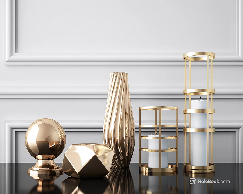 Decorative Ornament Set With Golden Metallic Sphere Geometric Vase And Candle Holders On Black Tabletop 3d model 