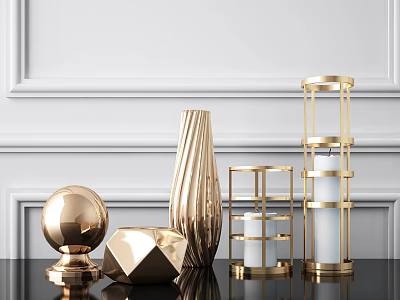Decorative Ornament Set With Golden Metallic Sphere Geometric Vase And Candle Holders On Black Tabletop 3d model