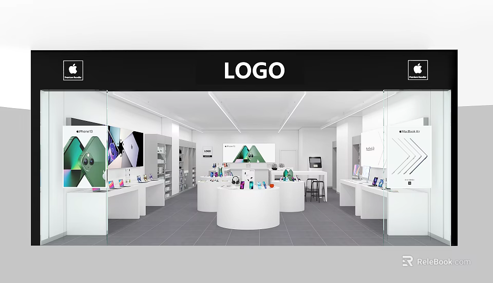 Modern Digital Store Interior With Smartphones Tablets And Apple Products On Round Display Counters 3d model 