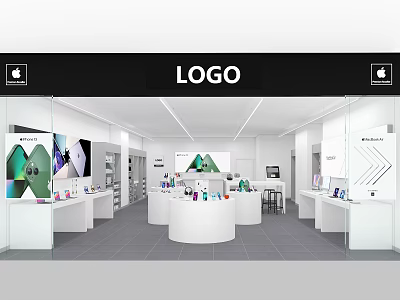 Modern Digital Store Interior With Smartphones Tablets And Apple Products On Round Display Counters 3d model