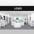 Modern Digital Store Interior With Smartphones Tablets And Apple Products On Round Display Counters