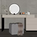 Modern Minimalist Dressing Table Design With Round Mirror Drawers And Stool 3d model