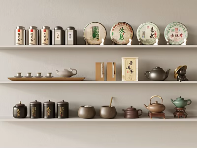 Traditional Tea Set Display On White Shelves With Tea Caddies Tea Cakes Teapots And Cups 3d model