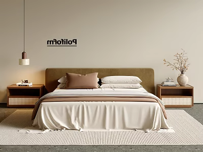 Modern Bedroom Interior With Cozy Bed Upholstered Headboard Wooden Nightstands Pendant Light And Textured Rug 3d model
