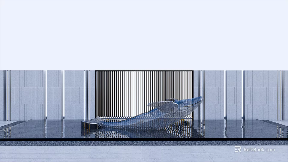 Modern Wave Shaped Landscape Sculpture on Reflective Water Surface with Vertical Slat Backdrop 3d model 