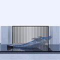 Modern Wave Shaped Landscape Sculpture on Reflective Water Surface with Vertical Slat Backdrop