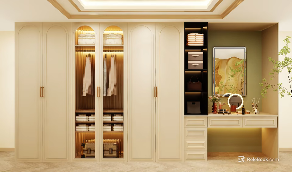 Modern White Wardrobe Interior Design With Glass Doors Hanging Clothes And Storage Drawers 3d model 