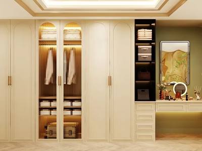 Modern White Wardrobe Interior Design With Glass Doors Hanging Clothes And Storage Drawers 3d model