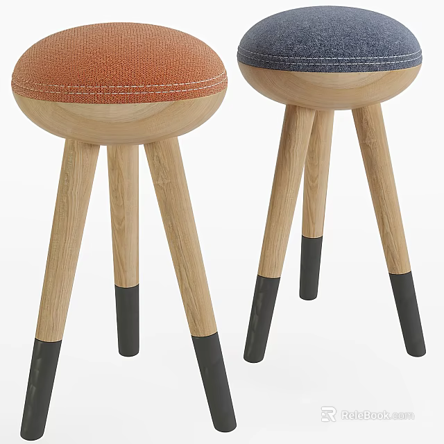 Two Tone Bar Stools With Upholstered Orange Blue Seats Wooden Legs Black Feet 3d model 