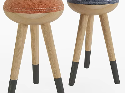 Two Tone Bar Stools With Upholstered Orange Blue Seats Wooden Legs Black Feet 3d model