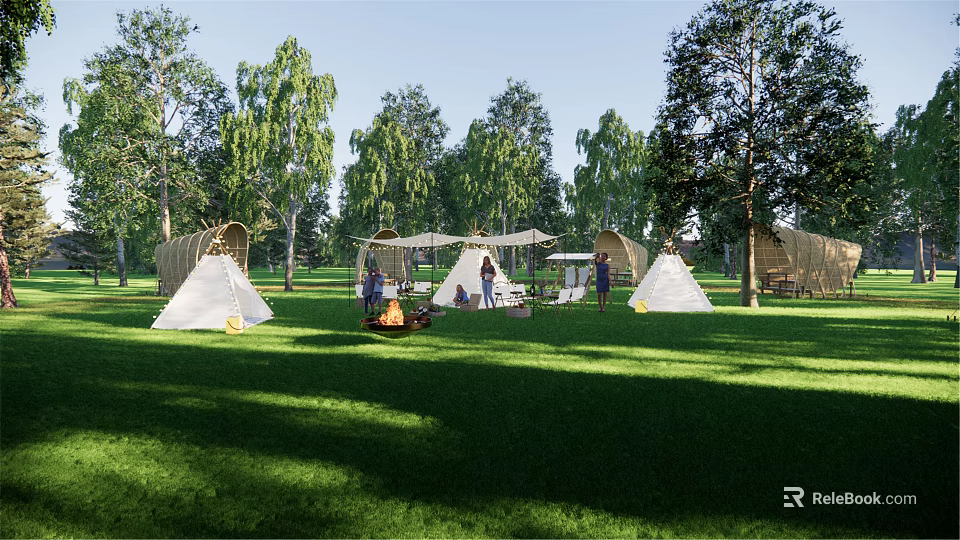 Scenic Garden Landscape with Green Grassland Tall Trees Teepee Tents Campfire and People Gathering 3d model 