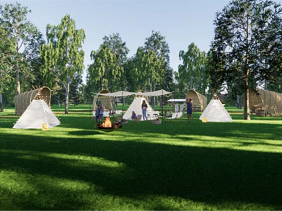 Scenic Garden Landscape with Green Grassland Tall Trees Teepee Tents Campfire and People Gathering 3d model