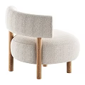 Light Beige Upholstered Leisure Chair With Curved Backrest Wooden Legs And Brown Knitted Blanket