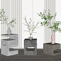 Three Vases With Green Plants On Cube Pedestals Against Striped Wall Background And Wooden Floor