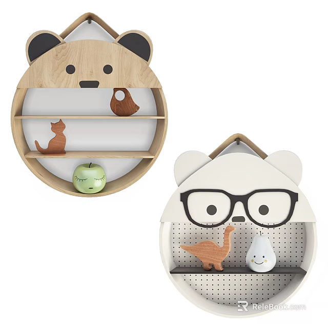 Cute Kids Bed With Bear Shaped Wall Shelves And Animal Decorations 3d model 