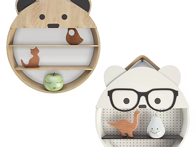 Cute Kids Bed With Bear Shaped Wall Shelves And Animal Decorations 3d model