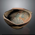 Ancient Painted Clay Bowl with Broken Fragments and Decorative Leaf Patterns