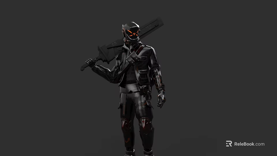 Game Movie Character Wearing Black Leather Jacket With Red Goggles And Large Weapon 3d model 