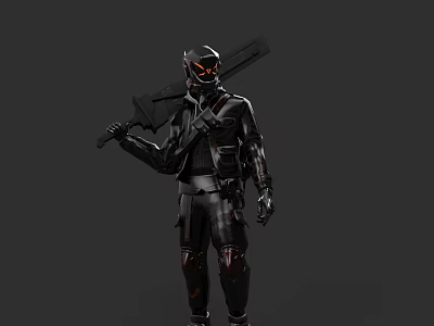 Game Movie Character Wearing Black Leather Jacket With Red Goggles And Large Weapon 3d model