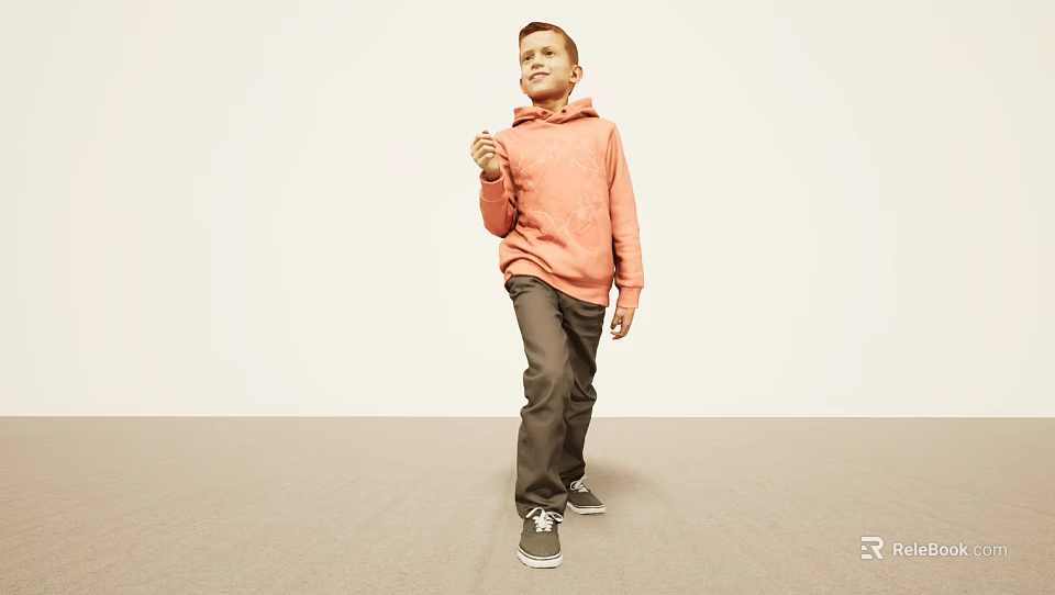 Man Wearing Orange Hoodie Dark Pants Sneakers Walking On Minimal Background 3d model 