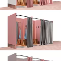 Stylish Fitting Room Design With Pink Curtains Mirrors Hangers And Colored Cubicles
