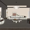 Modern Living Room Interior with Cream Sofa Round Coffee Table Chandelier and Floor Lamp