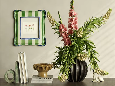 Elegant Black Vase With Pink And White Flowers Green Leaves Framed Art And Books 3d model