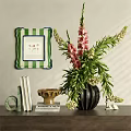 Elegant Black Vase With Pink And White Flowers Green Leaves Framed Art And Books