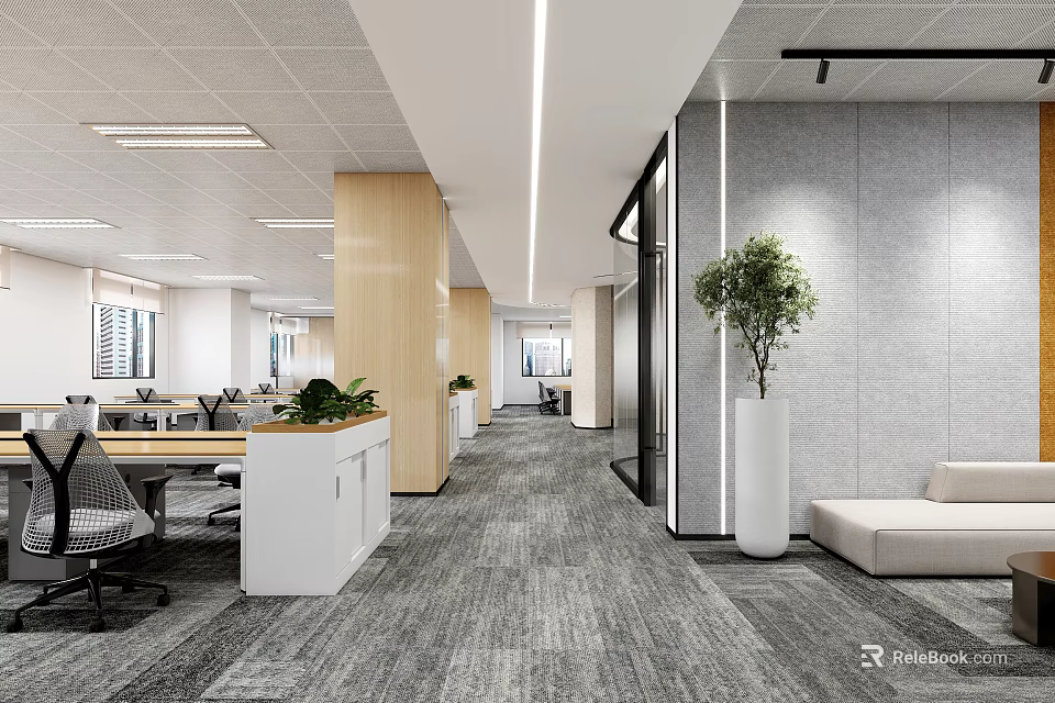 Modern Public Office Space With Open Layout Wooden Partitions Grey Carpet And Green Plants 3d model 