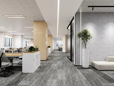 Modern Public Office Space With Open Layout Wooden Partitions Grey Carpet And Green Plants 3d model