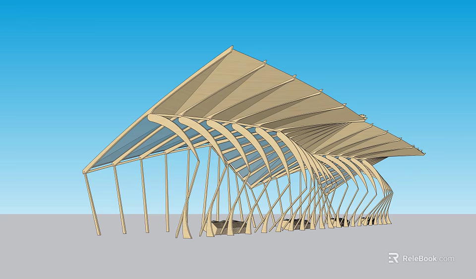Modern Pergola Design With Curved Wooden Structure And Glass Roof Elements 3d model 