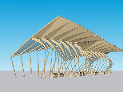 Modern Pergola Design With Curved Wooden Structure And Glass Roof Elements 3d model