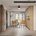 Modern Dining Living Room Interior With Wooden Rattan Decor Round Table And Green Plant