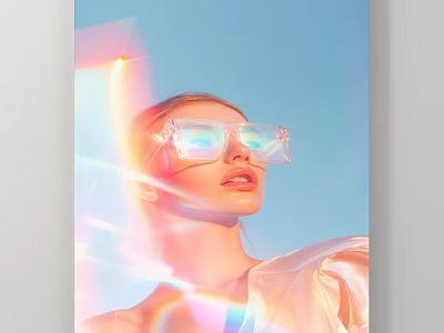 Woman Portrait Wearing Transparent Square Glasses With Rainbow Light Effects Blue Sky Background 3d model