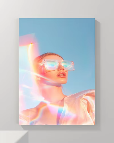 Woman Portrait Wearing Transparent Square Glasses With Rainbow Light Effects Blue Sky Background 3d model