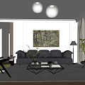 Modern Living Room With Black Sofa Glass Coffee Table Green Chair Abstract Art Spherical Lights