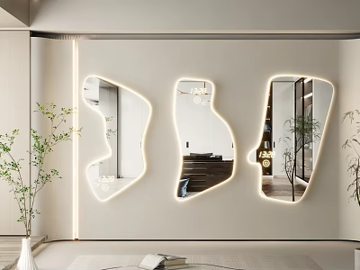 Modern Interior With Irregular Shaped Backlit Mirrors Mounted On Wall 3d model