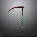Decorative Scythe Weapon With Red And Black Blade Green Patterned Long Handle And Ornate Design
