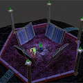 Cartoon Scene With Hexagonal Structure Blue Pillars Open Books Glowing Center Grass And Steps