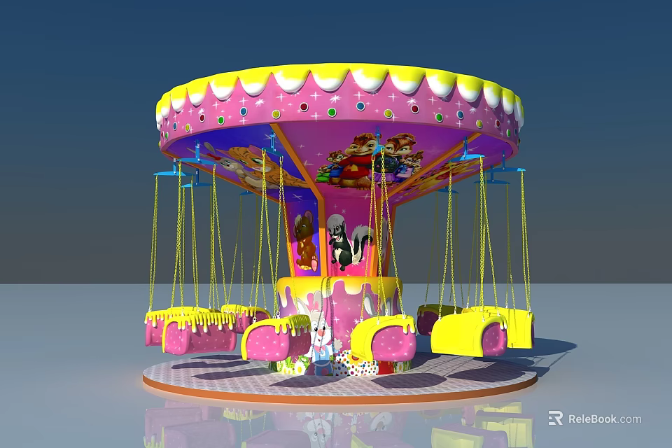 Colorful Carousel Swing Playground Equipment With Pink Yellow Decorative Top And Animal Characters 3d model 