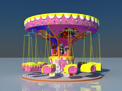 Colorful Carousel Swing Playground Equipment With Pink Yellow Decorative Top And Animal Characters 3d model