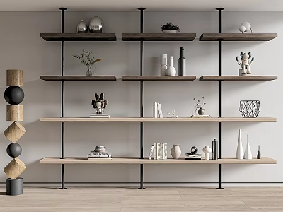 Modern Open Bookshelf with Layered Wooden Shelves Metal Brackets and Decorative Items 3d model