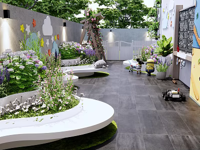 Courtyard Garden With Curved Flower Beds Colorful Decorations And Lush Green Plants 3d model
