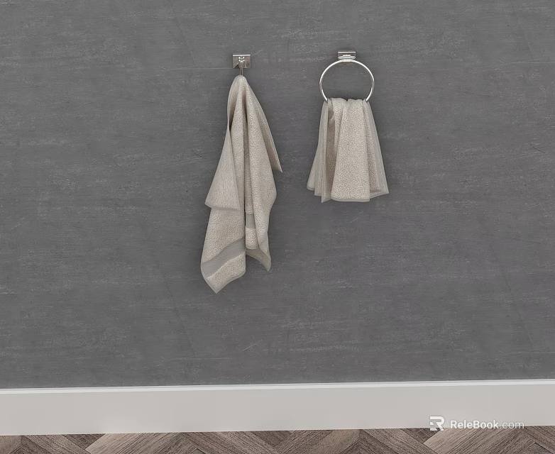 Light Beige Cotton Towels Hanging On Wall Mounted Towel Ring And Hook 3d model 