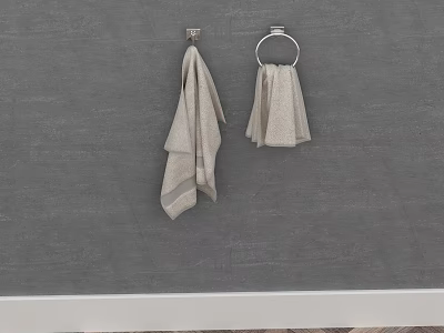Light Beige Cotton Towels Hanging On Wall Mounted Towel Ring And Hook 3d model
