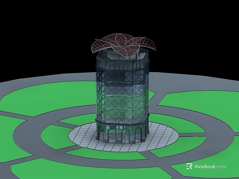 Modern Glass Tower With Umbrella Like Top Design And Circular Road Green Area 3d model 