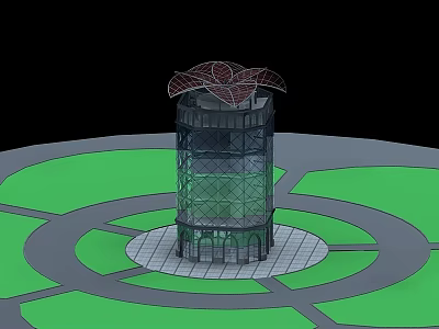 Modern Glass Tower With Umbrella Like Top Design And Circular Road Green Area 3d model